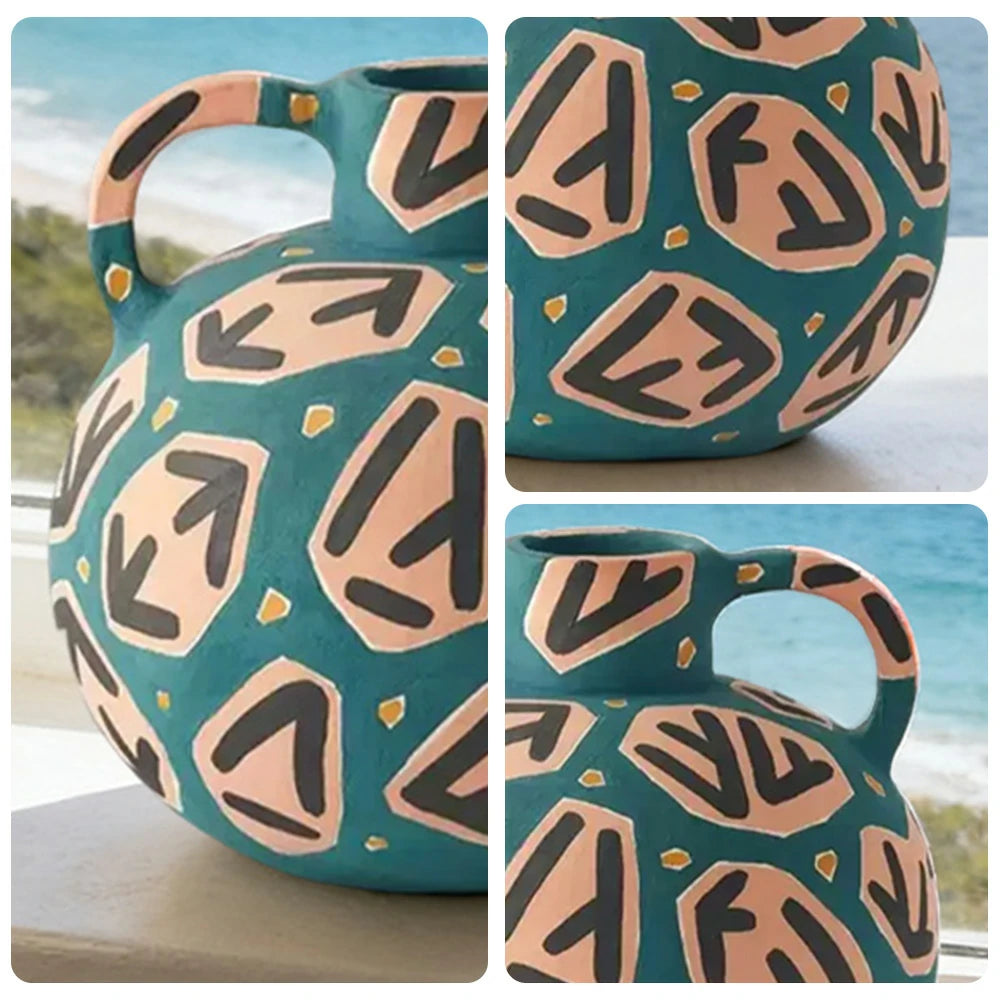 LIVARA Rune Ceramic Vase - Sculptural Double-Handle Design with Hand-Painted Symbol Pattern, Handcrafted Artistic Decor for Modern Interiors - Green