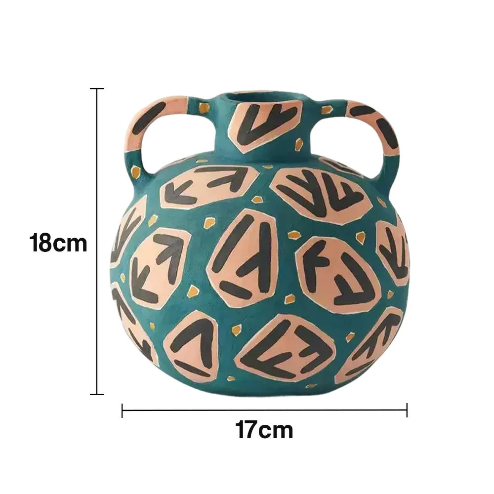 LIVARA Rune Ceramic Vase - Sculptural Double-Handle Design with Hand-Painted Symbol Pattern, Handcrafted Artistic Decor for Modern Interiors - Green