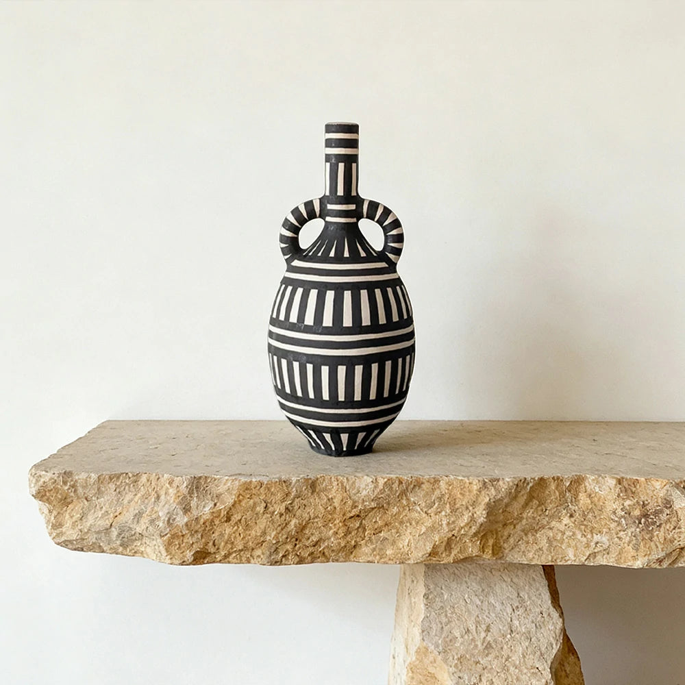 LIVARA Sculptural Ceramic Vase - Tall Double-Handle Form with Handcrafted Graphic Stripe Pattern, Artistic Statement Decor for Modern Interiors - Black & White