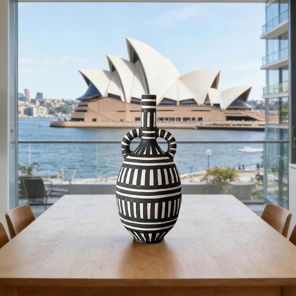 LIVARA Sculptural Ceramic Vase - Tall Double-Handle Form with Handcrafted Graphic Stripe Pattern, Artistic Statement Decor for Modern Interiors - Black & White