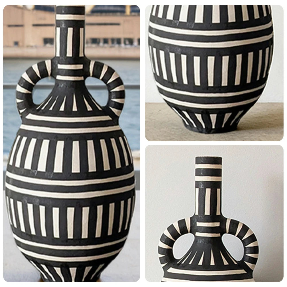 LIVARA Sculptural Ceramic Vase - Tall Double-Handle Form with Handcrafted Graphic Stripe Pattern, Artistic Statement Decor for Modern Interiors - Black & White