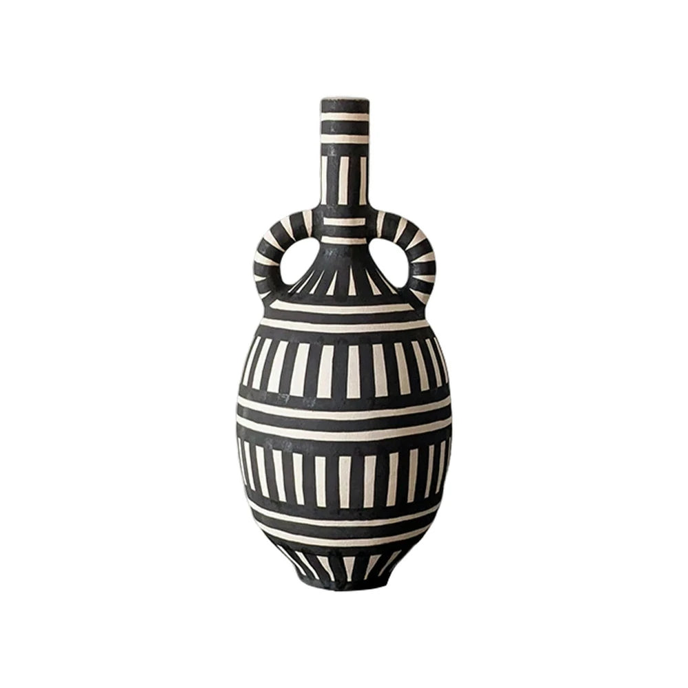LIVARA Sculptural Ceramic Vase - Tall Double-Handle Form with Handcrafted Graphic Stripe Pattern, Artistic Statement Decor for Modern Interiors - Black & White