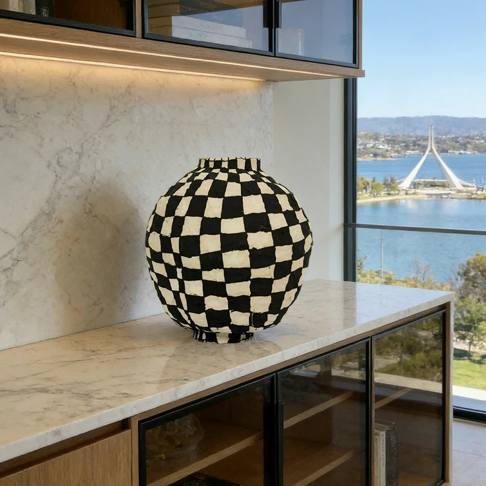LIVARA Checkered Ceramic Vase - Sculptural Rounded Form with Handcrafted Matte Finish, Bold Statement Decor for Modern Interiors - Black & White