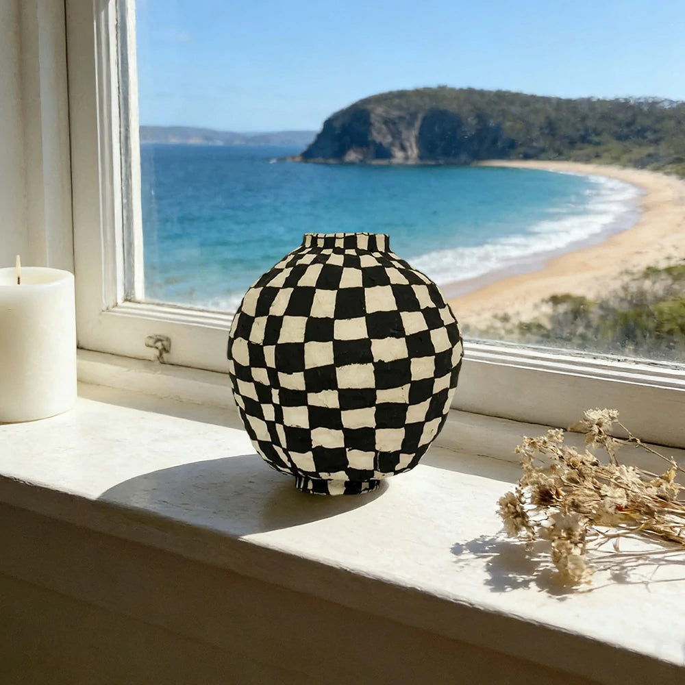 LIVARA Checkered Ceramic Vase - Sculptural Rounded Form with Handcrafted Matte Finish, Bold Statement Decor for Modern Interiors - Black & White