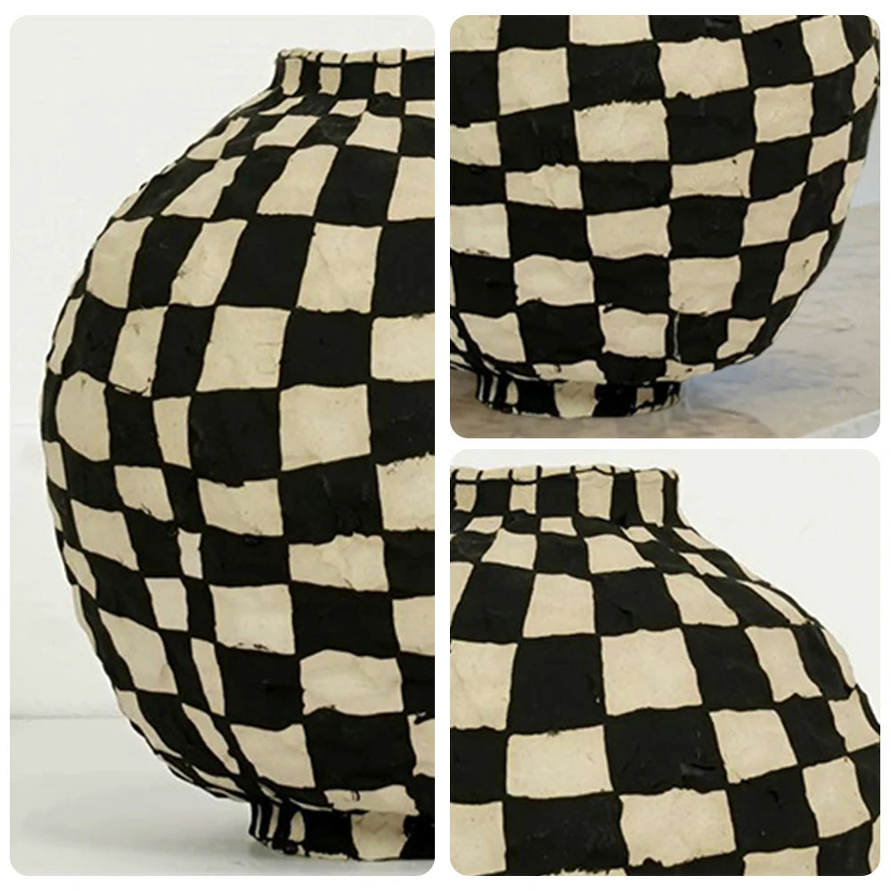 LIVARA Checkered Ceramic Vase - Sculptural Rounded Form with Handcrafted Matte Finish, Bold Statement Decor for Modern Interiors - Black & White