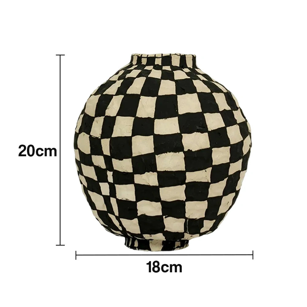 LIVARA Checkered Ceramic Vase - Sculptural Rounded Form with Handcrafted Matte Finish, Bold Statement Decor for Modern Interiors - Black & White