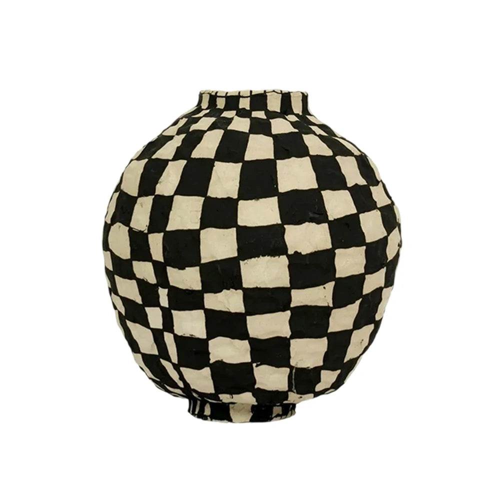 LIVARA Checkered Ceramic Vase - Sculptural Rounded Form with Handcrafted Matte Finish, Bold Statement Decor for Modern Interiors - Black & White
