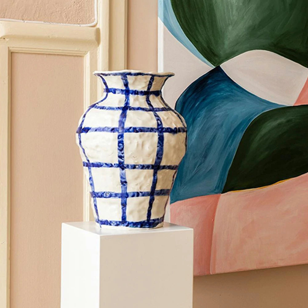 LIVARA Handcrafted Ceramic Vase - Sculptural Rounded Form with Hand-Painted Grid Pattern, Artistic Statement Decor for Modern Interiors - Blue & White