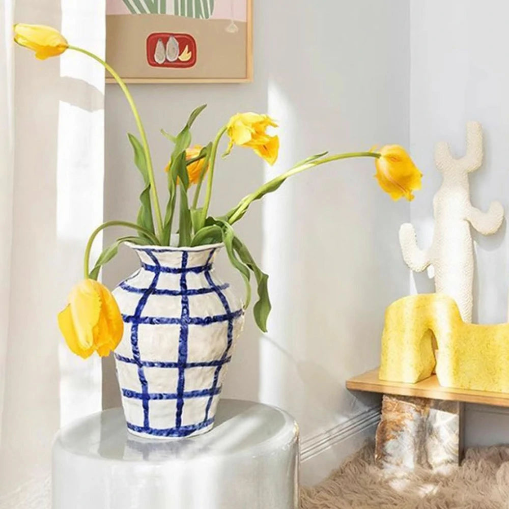 LIVARA Handcrafted Ceramic Vase - Sculptural Rounded Form with Hand-Painted Grid Pattern, Artistic Statement Decor for Modern Interiors - Blue & White