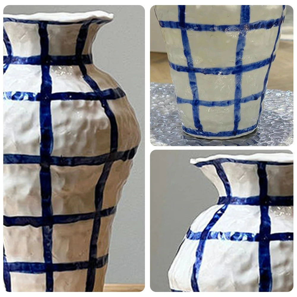 LIVARA Handcrafted Ceramic Vase - Sculptural Rounded Form with Hand-Painted Grid Pattern, Artistic Statement Decor for Modern Interiors - Blue & White
