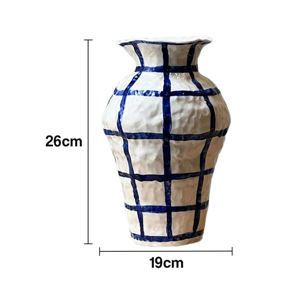 LIVARA Handcrafted Ceramic Vase - Sculptural Rounded Form with Hand-Painted Grid Pattern, Artistic Statement Decor for Modern Interiors - Blue & White