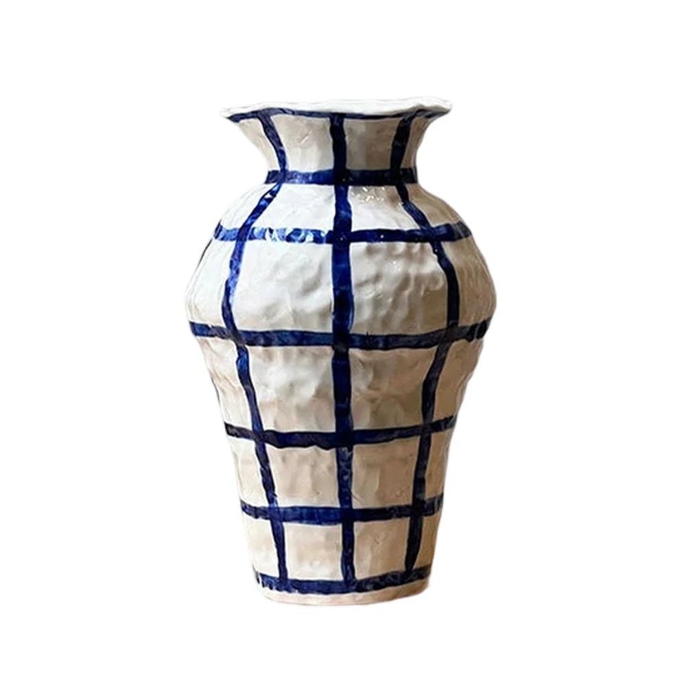 LIVARA Handcrafted Ceramic Vase - Sculptural Rounded Form with Hand-Painted Grid Pattern, Artistic Statement Decor for Modern Interiors - Blue & White