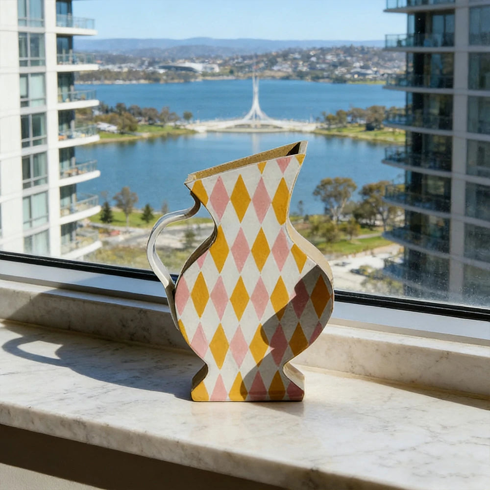 LIVARA Sculptural Ceramic Vase - Asymmetrical Pitcher Form with Hand-Painted Diamond Pattern, Artistic Statement Decor for Modern Interiors - Multicolor