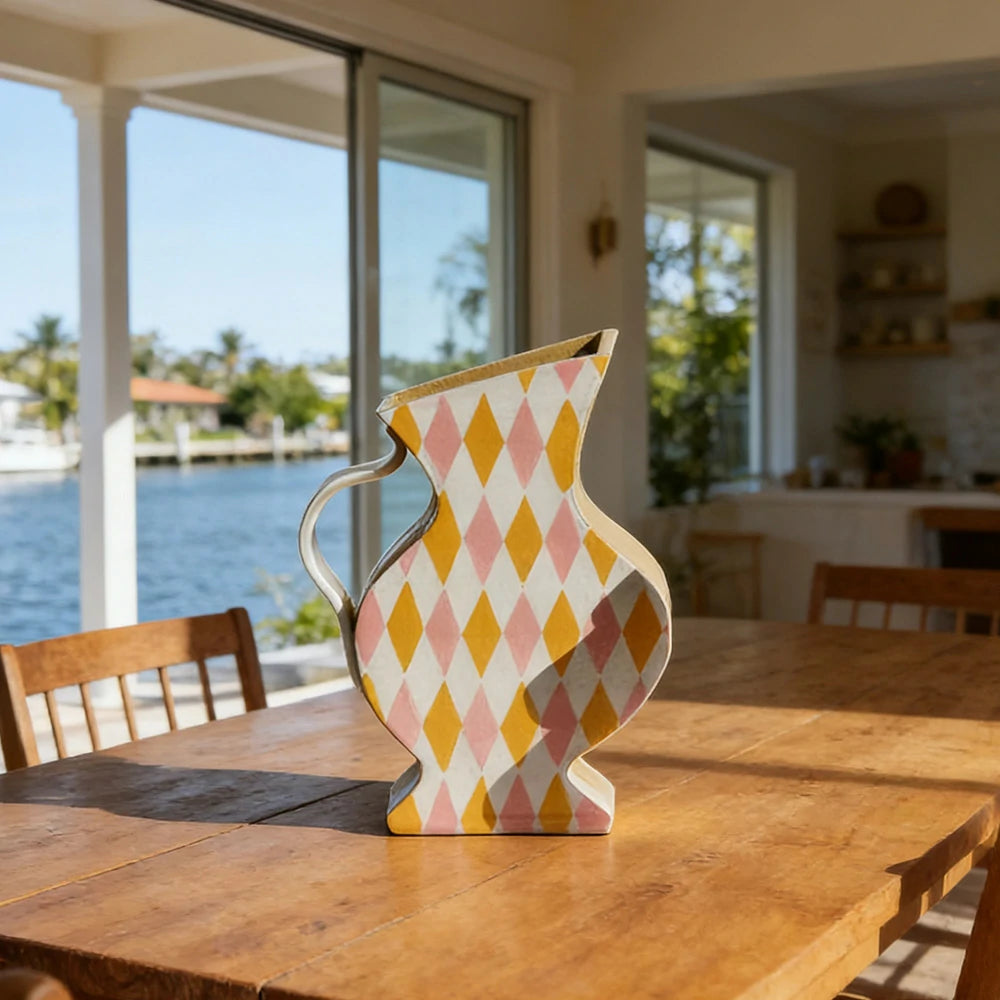 LIVARA Sculptural Ceramic Vase - Asymmetrical Pitcher Form with Hand-Painted Diamond Pattern, Artistic Statement Decor for Modern Interiors - Multicolor