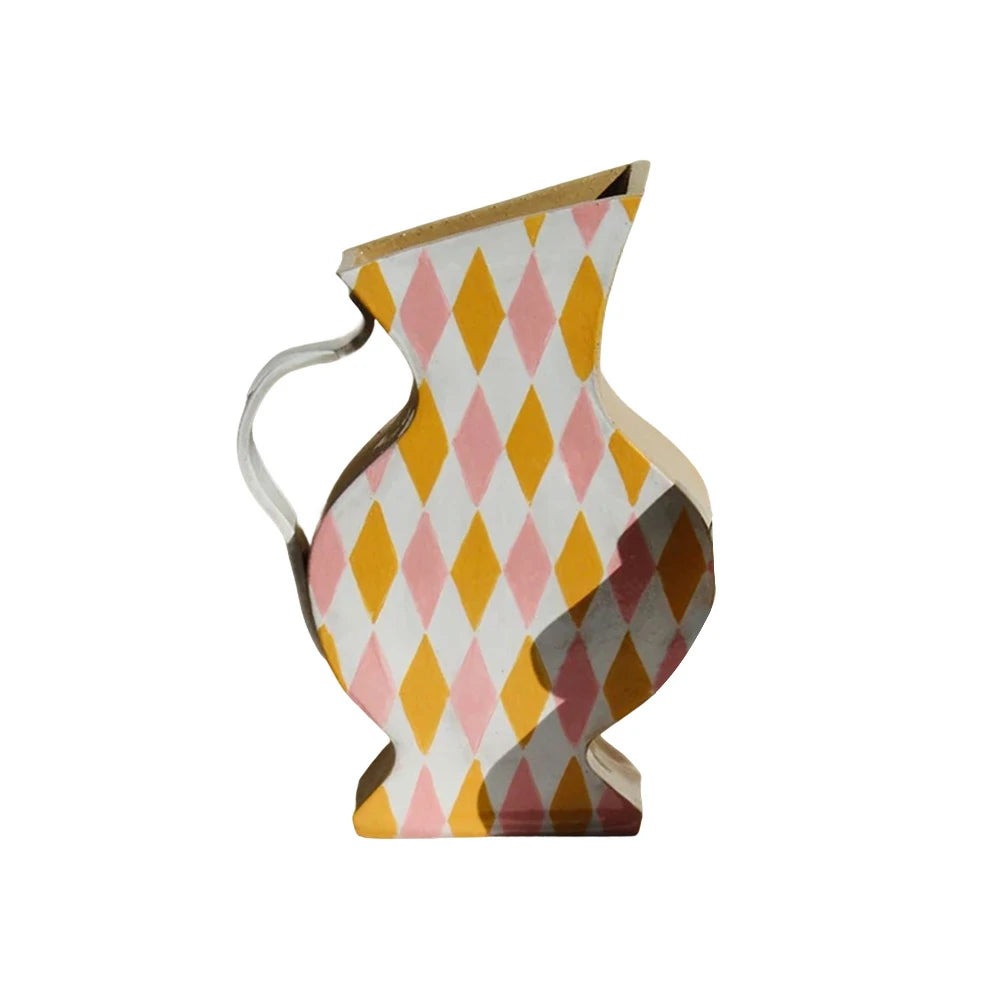 LIVARA Sculptural Ceramic Vase - Asymmetrical Pitcher Form with Hand-Painted Diamond Pattern, Artistic Statement Decor for Modern Interiors - Multicolor