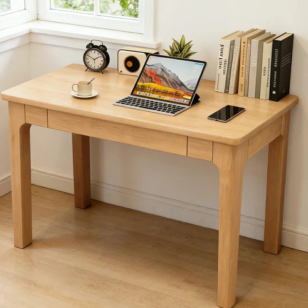 LIVARA Solid Wood Study Desk - 60/80/100cm Compact Writing Table with Drawers, Sturdy Design for Home Office & Bedroom - Natural Wood