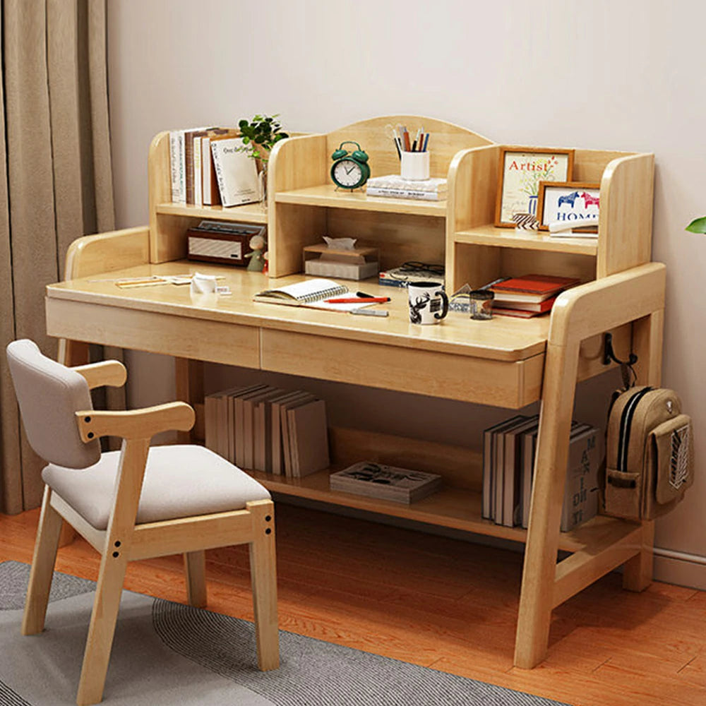 LIVARA Adjustable Solid Wood Study Desk - 80/100/120cm Height Adjustable Learning Table with Storage Shelf for Kids & Teens - Natural Wood