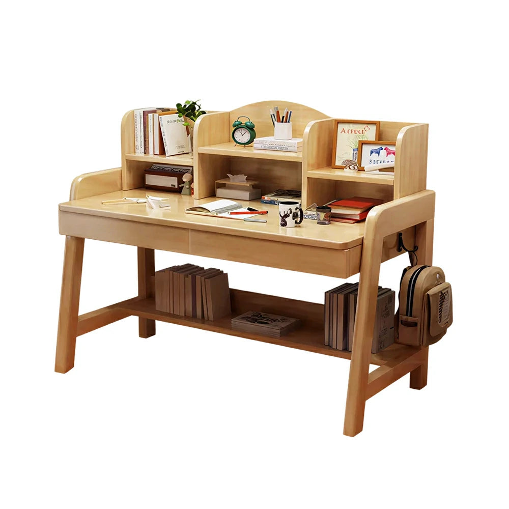 LIVARA Adjustable Solid Wood Study Desk - 80/100/120cm Height Adjustable Learning Table with Storage Shelf for Kids & Teens - Natural Wood