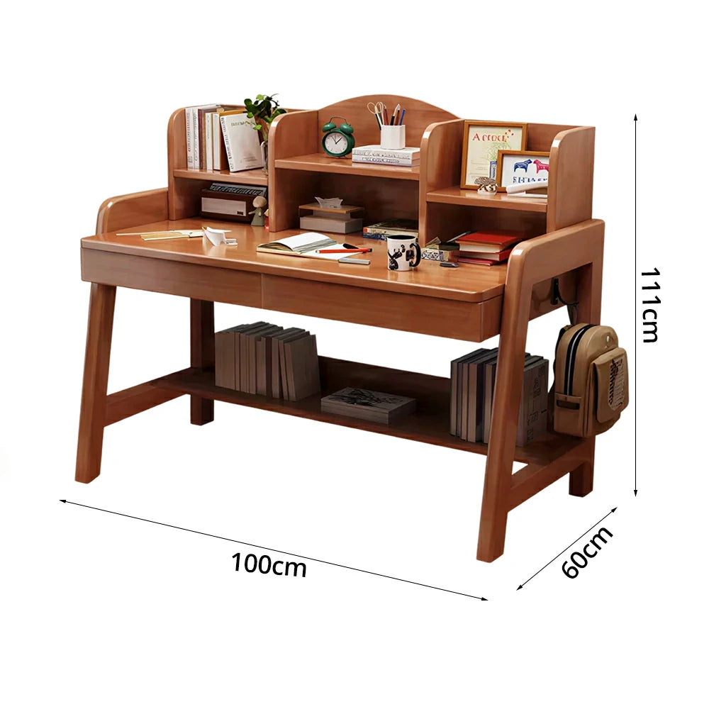 LIVARA Adjustable Solid Wood Study Desk - 80/100/120cm Height Adjustable Learning Table with Storage Shelf for Kids & Teens - Walnut