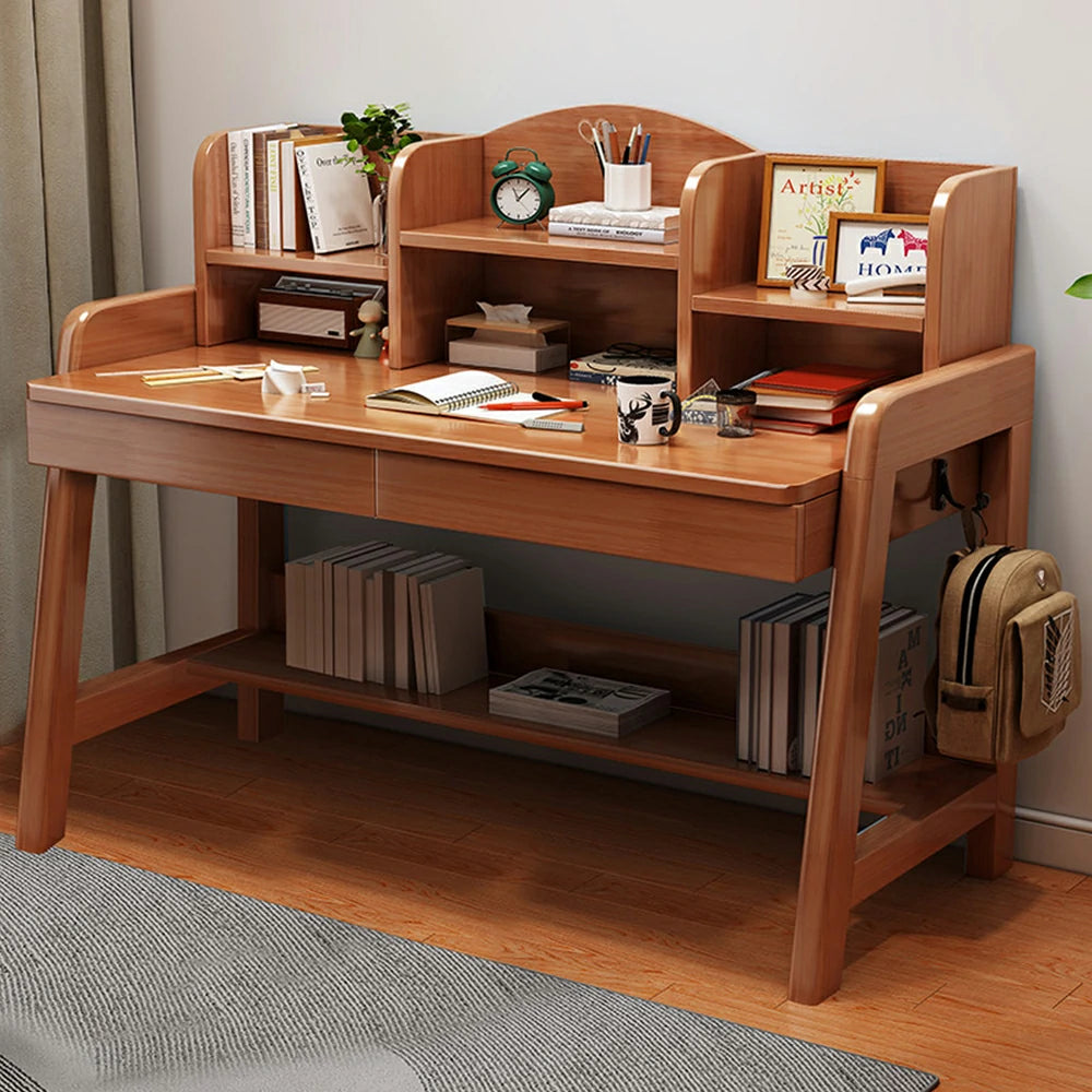 LIVARA Adjustable Solid Wood Study Desk - 80/100/120cm Height Adjustable Learning Table with Storage Shelf for Kids & Teens - Walnut