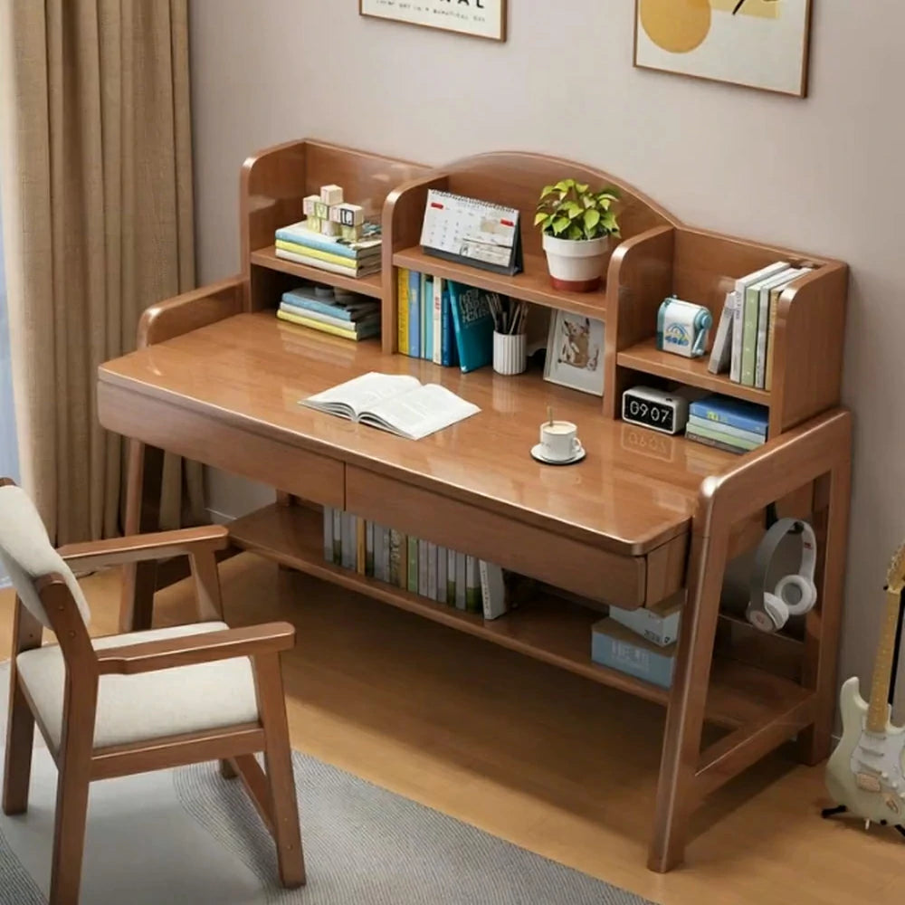 LIVARA Adjustable Solid Wood Study Desk - 80/100/120cm Height Adjustable Learning Table with Storage Shelf for Kids & Teens - Walnut