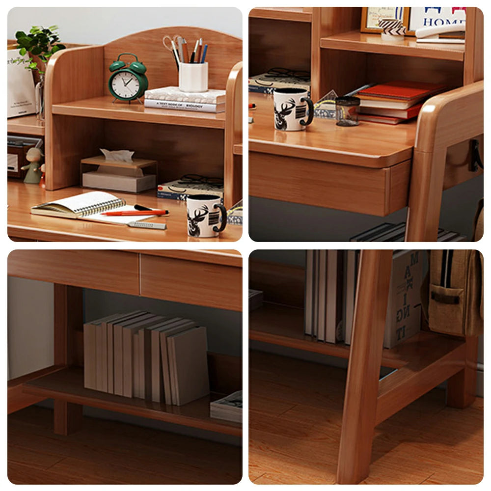 LIVARA Adjustable Solid Wood Study Desk - 80/100/120cm Height Adjustable Learning Table with Storage Shelf for Kids & Teens - Walnut
