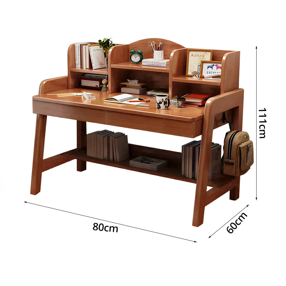 LIVARA Adjustable Solid Wood Study Desk - 80/100/120cm Height Adjustable Learning Table with Storage Shelf for Kids & Teens - Walnut