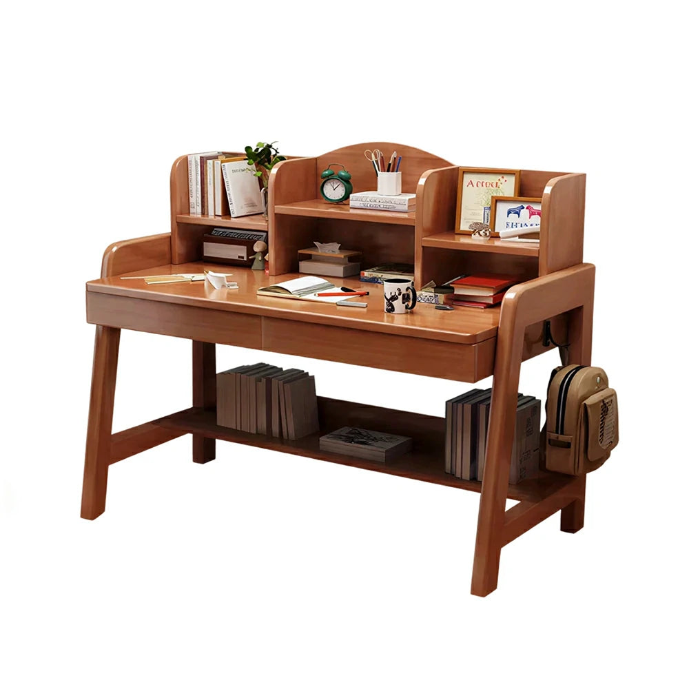 LIVARA Adjustable Solid Wood Study Desk - 80/100/120cm Height Adjustable Learning Table with Storage Shelf for Kids & Teens - Walnut