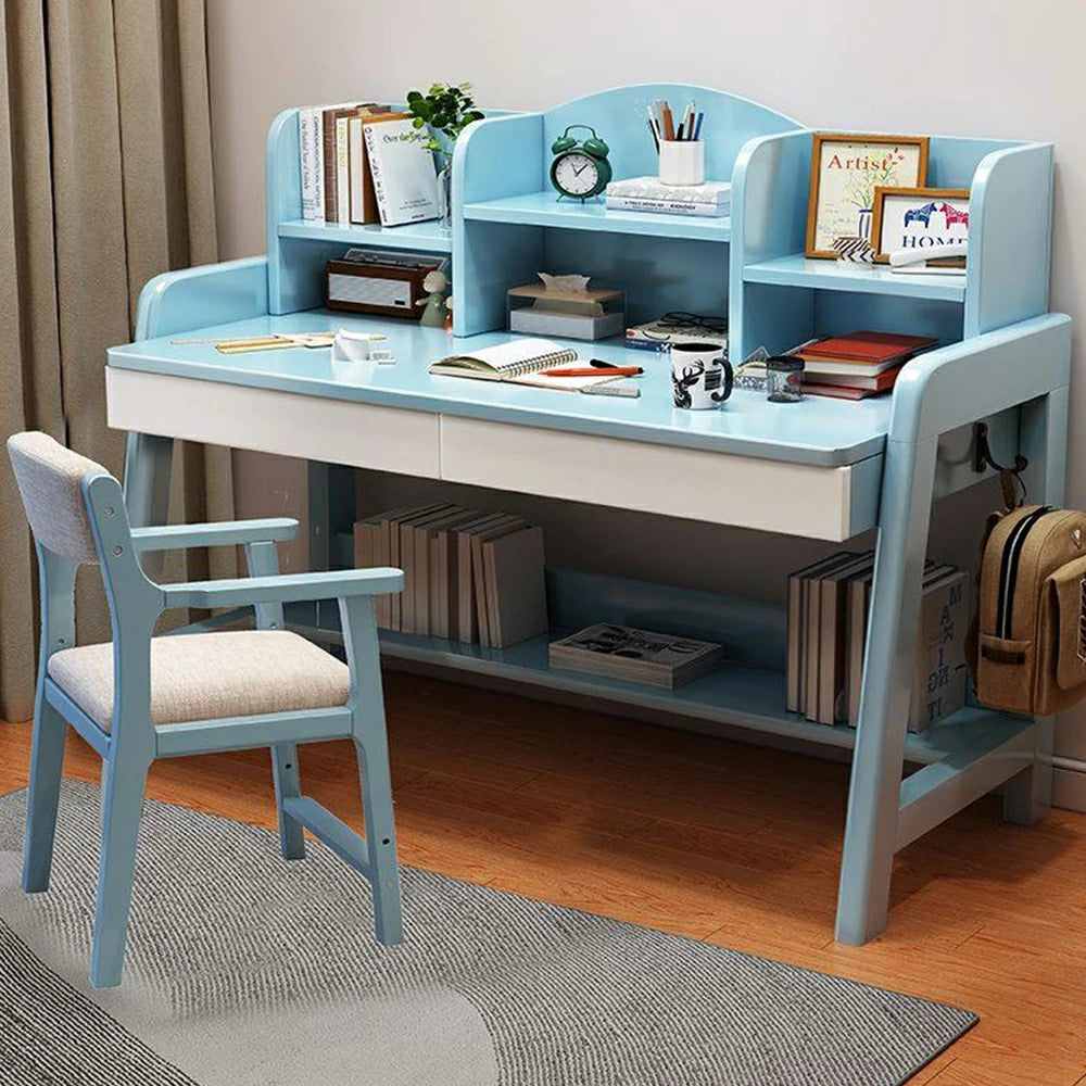LIVARA Adjustable Solid Wood Study Desk - 80/100/120cm Height Adjustable Learning Table with Storage Shelf for Kids & Teens - Blue & White