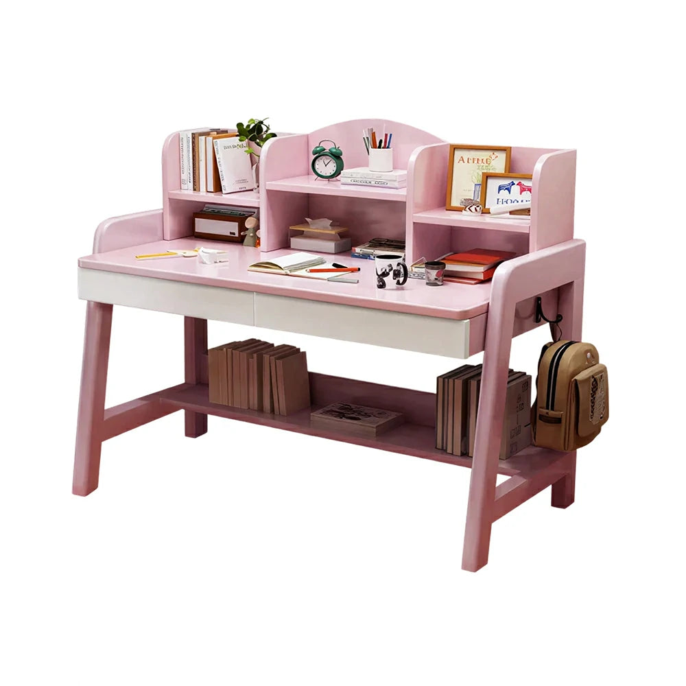 LIVARA Adjustable Solid Wood Study Desk - 80/100/120cm Height Adjustable Learning Table with Storage Shelf for Kids & Teens - Pink & White