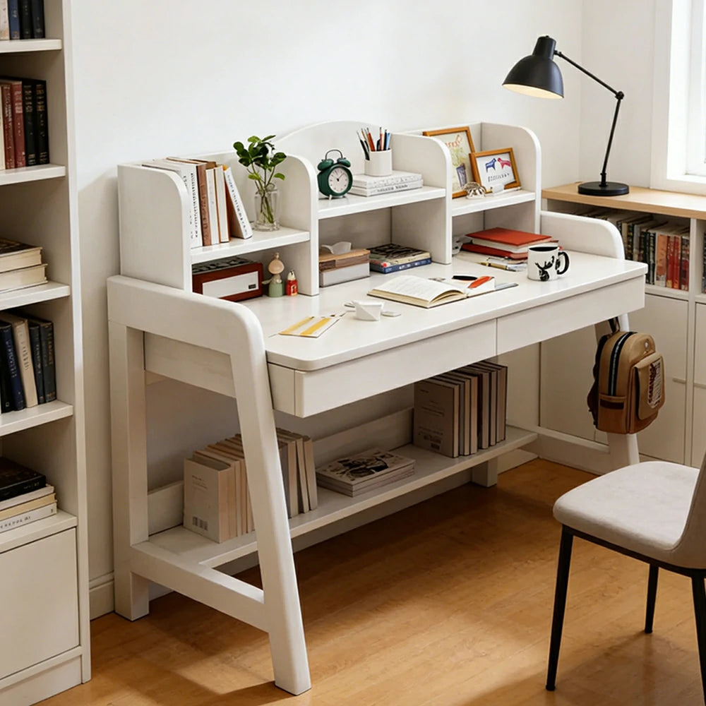 LIVARA Adjustable Solid Wood Study Desk - 80/100/120cm Height Adjustable Learning Table with Storage Shelf for Kids & Teens - White