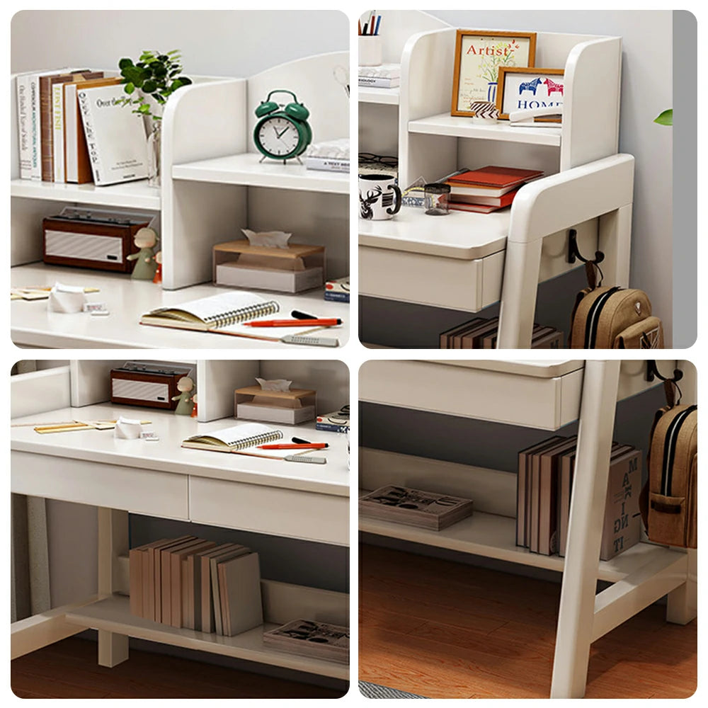 LIVARA Adjustable Solid Wood Study Desk - 80/100/120cm Height Adjustable Learning Table with Storage Shelf for Kids & Teens - White