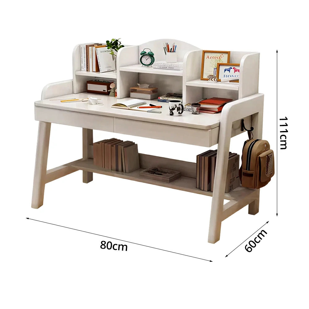 LIVARA Adjustable Solid Wood Study Desk - 80/100/120cm Height Adjustable Learning Table with Storage Shelf for Kids & Teens - White