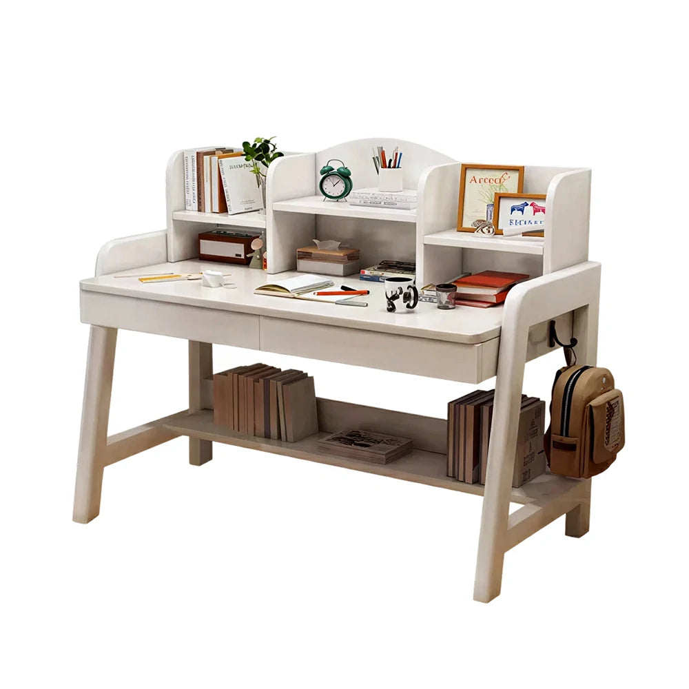 LIVARA Adjustable Solid Wood Study Desk - 80/100/120cm Height Adjustable Learning Table with Storage Shelf for Kids & Teens - White