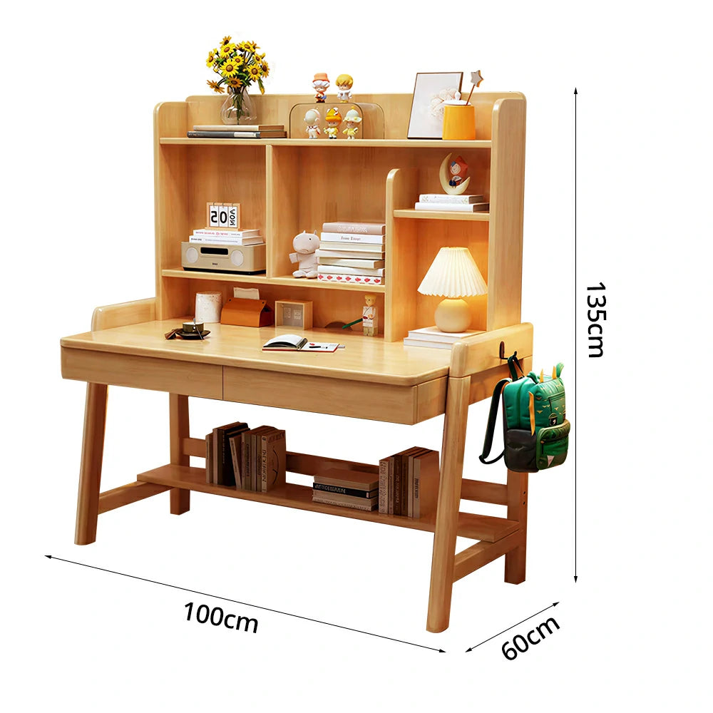 LIVARA Adjustable Solid Wood Study Desk - 80/100/120cm Height Adjustable Kids Learning Table with Storage Shelf - Natural Wood