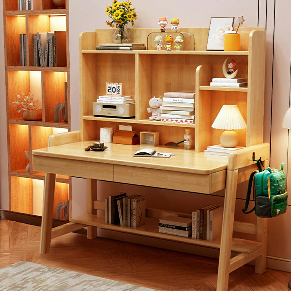 LIVARA Adjustable Solid Wood Study Desk - 80/100/120cm Height Adjustable Kids Learning Table with Storage Shelf - Natural Wood