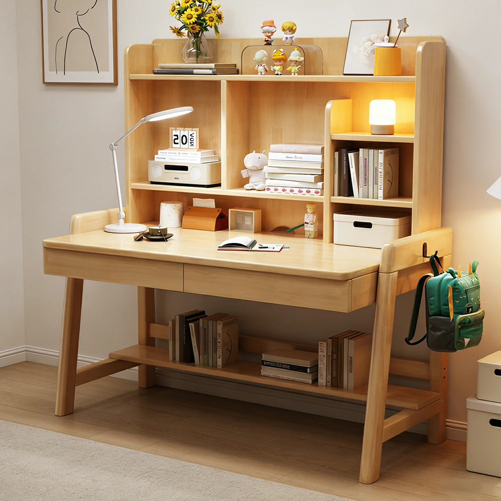LIVARA Adjustable Solid Wood Study Desk - 80/100/120cm Height Adjustable Kids Learning Table with Storage Shelf - Natural Wood