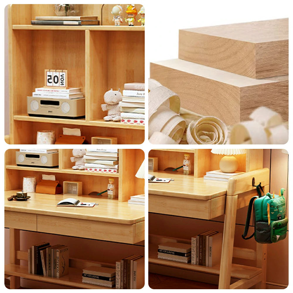 LIVARA Adjustable Solid Wood Study Desk - 80/100/120cm Height Adjustable Kids Learning Table with Storage Shelf - Natural Wood