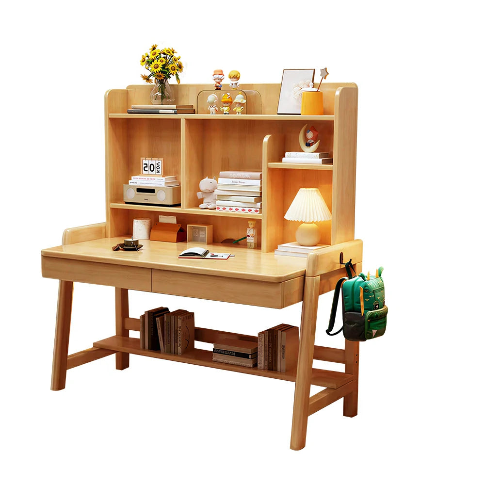 LIVARA Adjustable Solid Wood Study Desk - 80/100/120cm Height Adjustable Kids Learning Table with Storage Shelf - Natural Wood