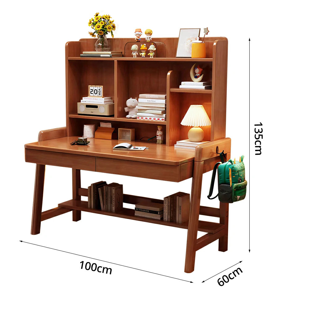 LIVARA Adjustable Solid Wood Study Desk - 80/100/120cm Height Adjustable Kids Learning Table with Storage Shelf - Walnut