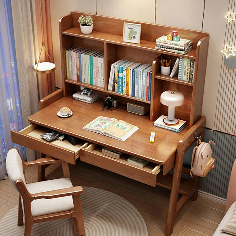 LIVARA Adjustable Solid Wood Study Desk - 80/100/120cm Height Adjustable Kids Learning Table with Storage Shelf - Walnut