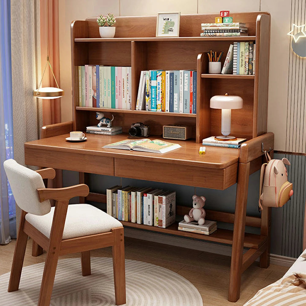 LIVARA Adjustable Solid Wood Study Desk - 80/100/120cm Height Adjustable Kids Learning Table with Storage Shelf - Walnut