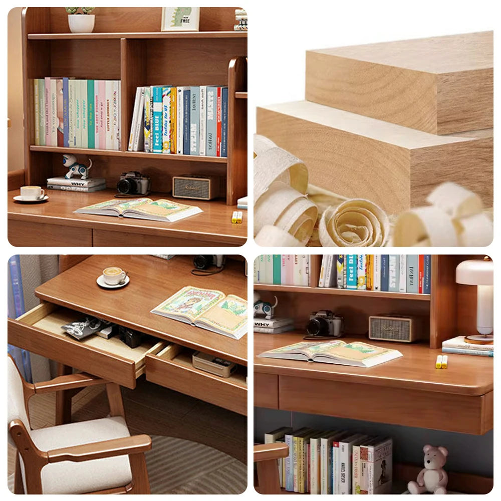 LIVARA Adjustable Solid Wood Study Desk - 80/100/120cm Height Adjustable Kids Learning Table with Storage Shelf - Walnut