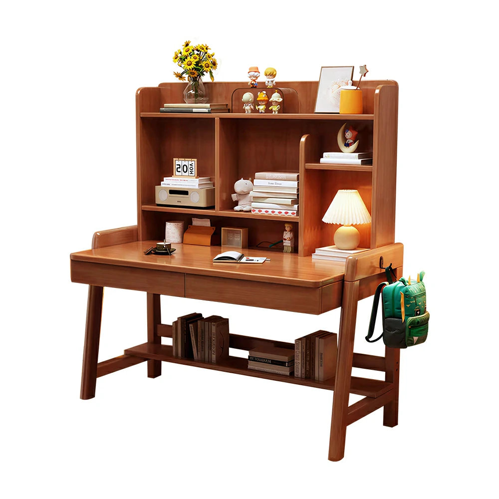 LIVARA Adjustable Solid Wood Study Desk - 80/100/120cm Height Adjustable Kids Learning Table with Storage Shelf - Walnut