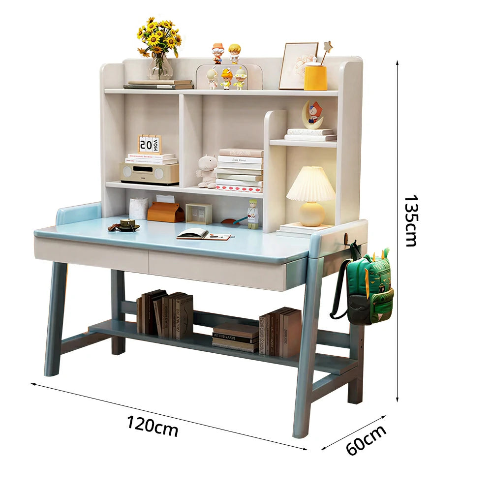 LIVARA Adjustable Solid Wood Study Desk - 80/100/120cm Height Adjustable Kids Learning Table with Storage Shelf - Blue & White