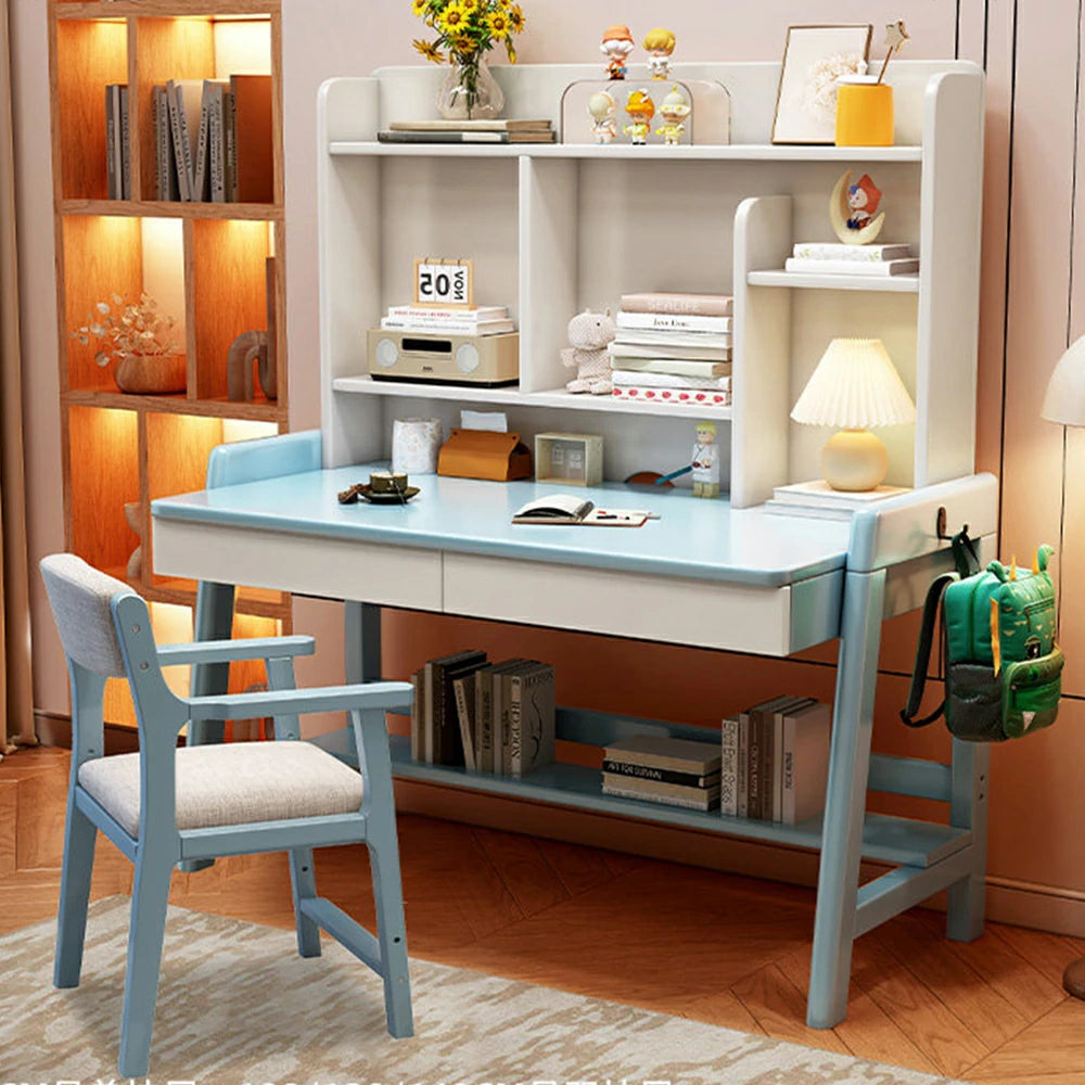 LIVARA Adjustable Solid Wood Study Desk - 80/100/120cm Height Adjustable Kids Learning Table with Storage Shelf - Blue & White