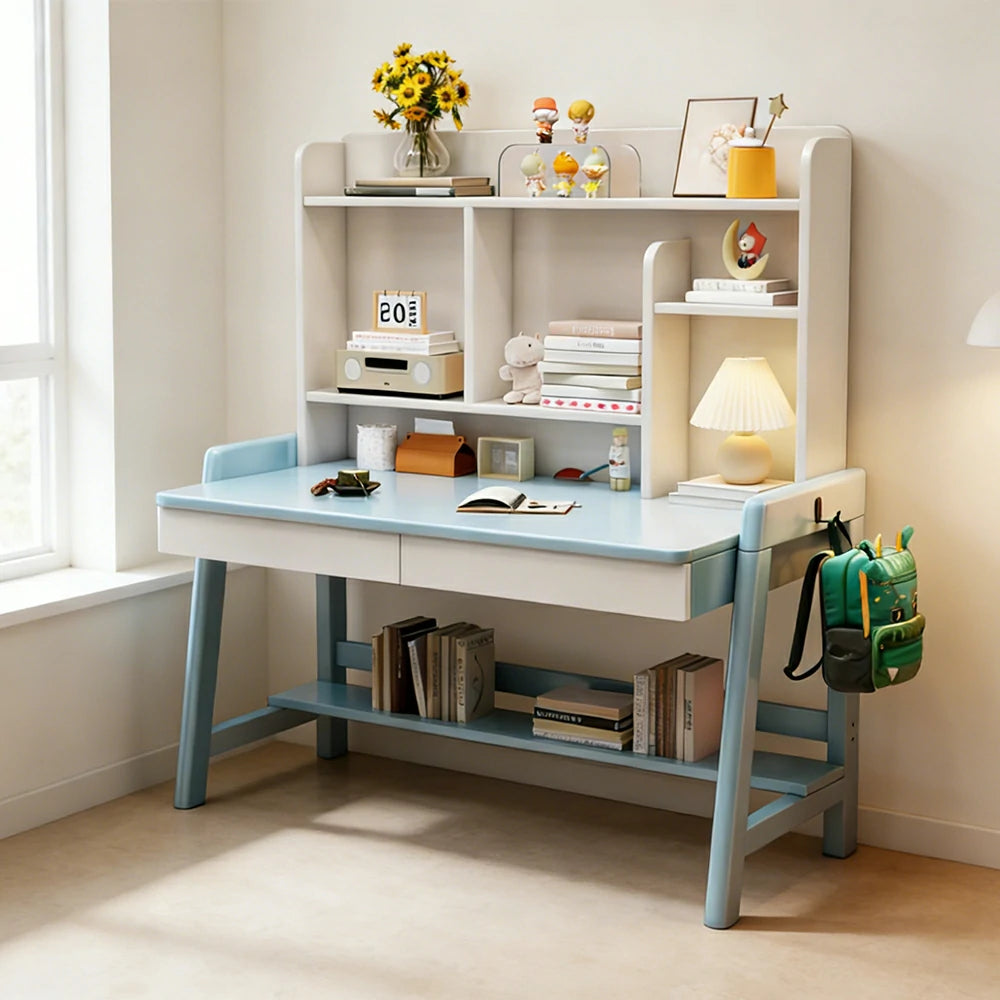 LIVARA Adjustable Solid Wood Study Desk - 80/100/120cm Height Adjustable Kids Learning Table with Storage Shelf - Blue & White