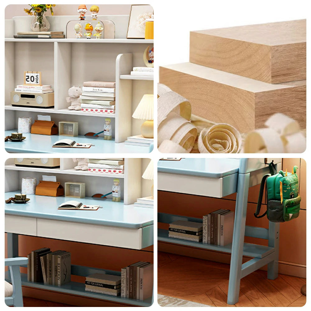 LIVARA Adjustable Solid Wood Study Desk - 80/100/120cm Height Adjustable Kids Learning Table with Storage Shelf - Blue & White