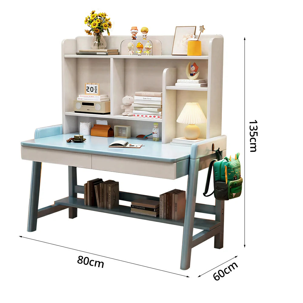 LIVARA Adjustable Solid Wood Study Desk - 80/100/120cm Height Adjustable Kids Learning Table with Storage Shelf - Blue & White