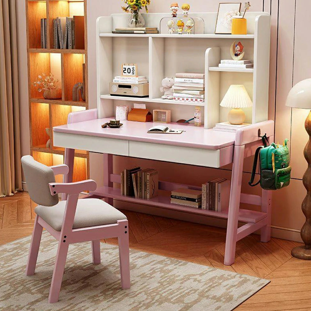 LIVARA Adjustable Solid Wood Study Desk - 80/100/120cm Height Adjustable Kids Learning Table with Storage Shelf - Pink & White